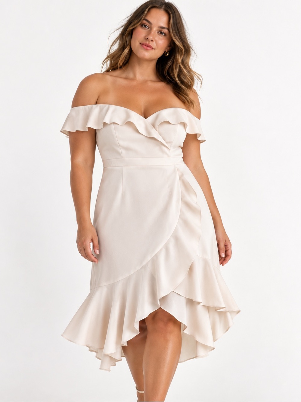 XSCAPE One-Shoulder Ruffle Hem Dress in Soft Cream